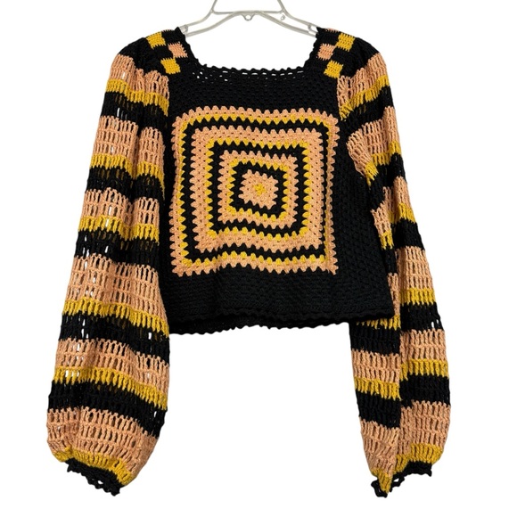 Ulla Johnson Beso Crochet Knit Square Neck Puff Sleeve Sweater - Picture 4 of 7